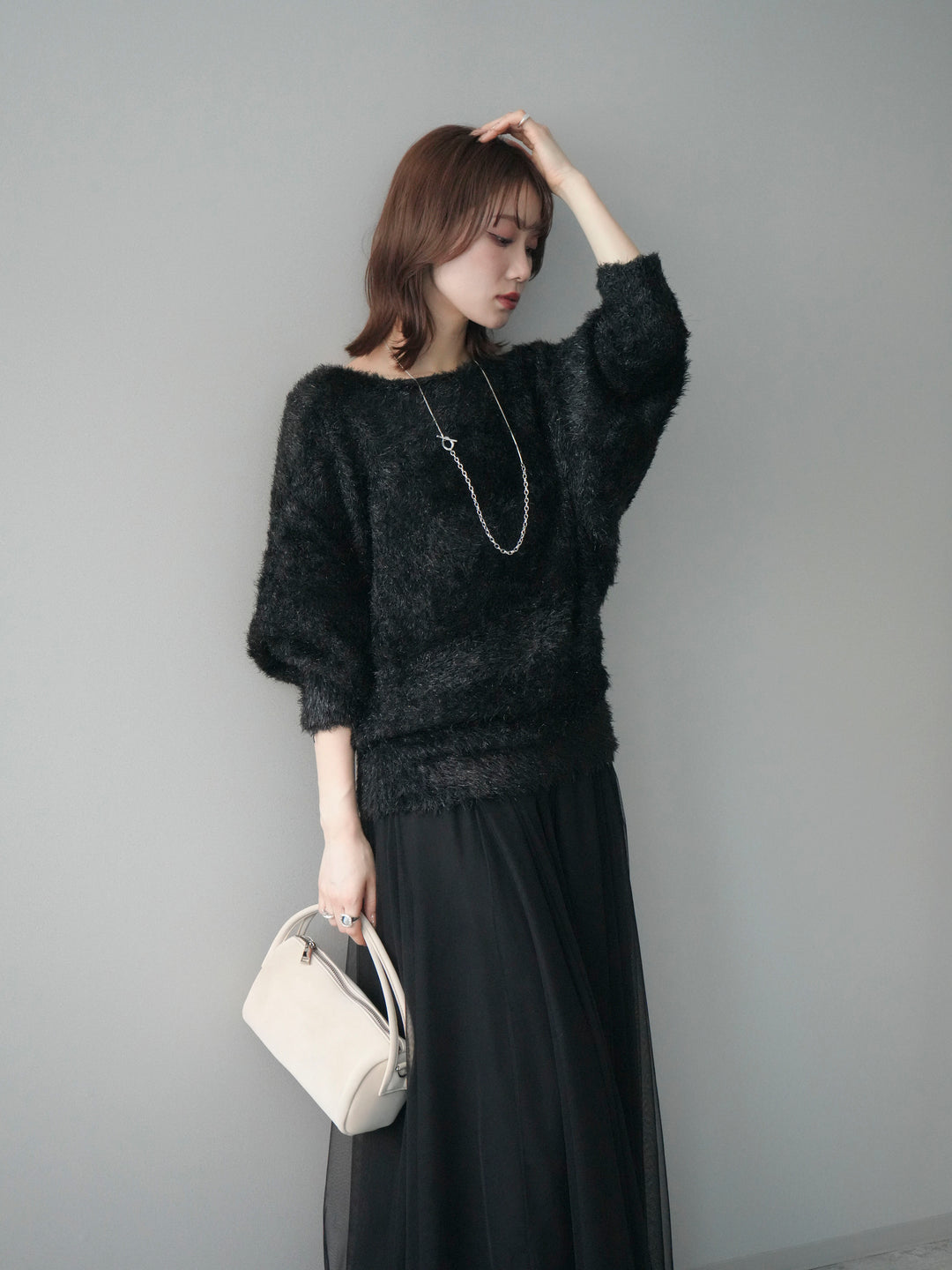 [予約]ラメシャギードルマンニットプルオーバー/black