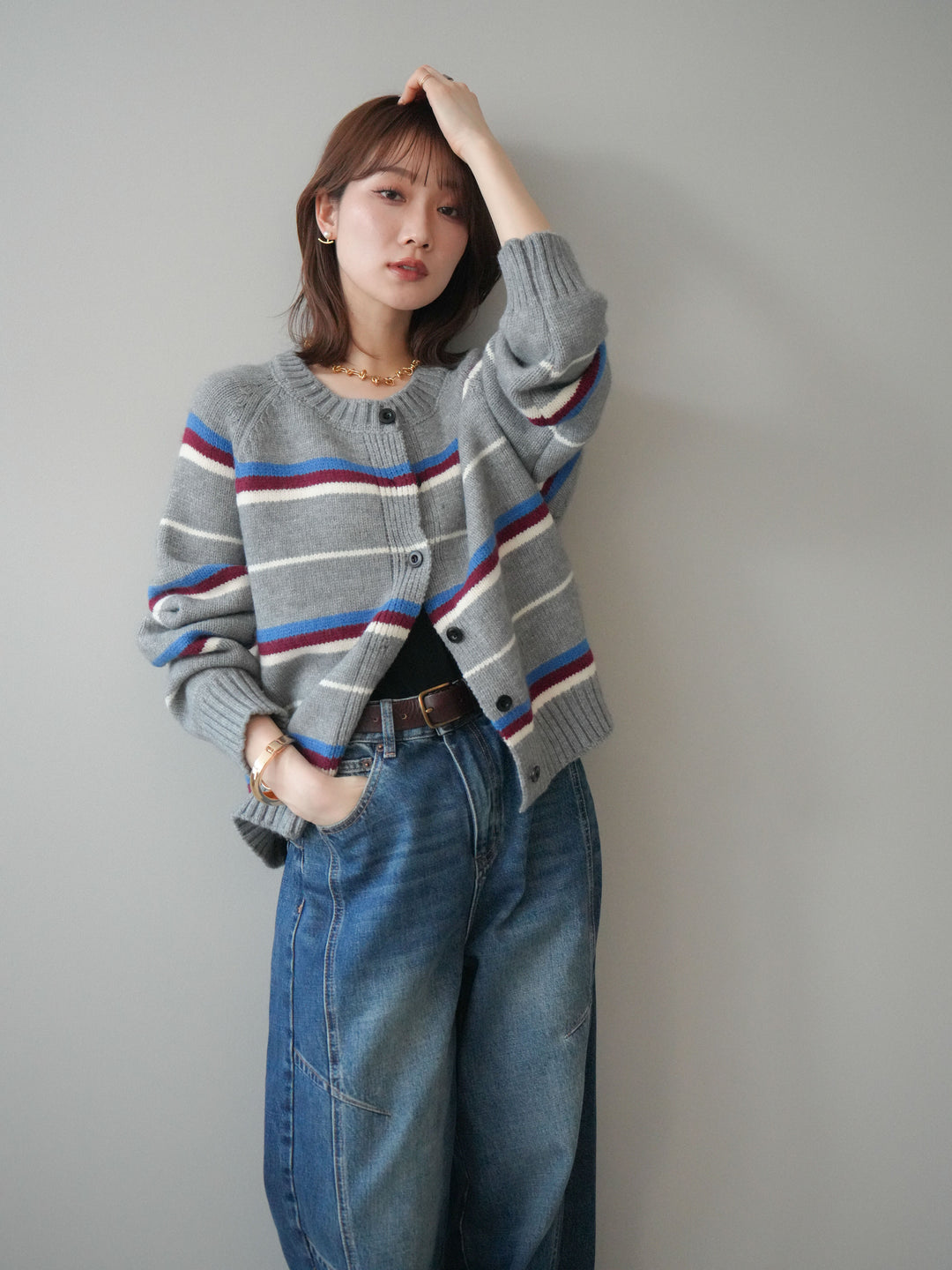 [予約]ランダムボーダーニットカーディガン/gray