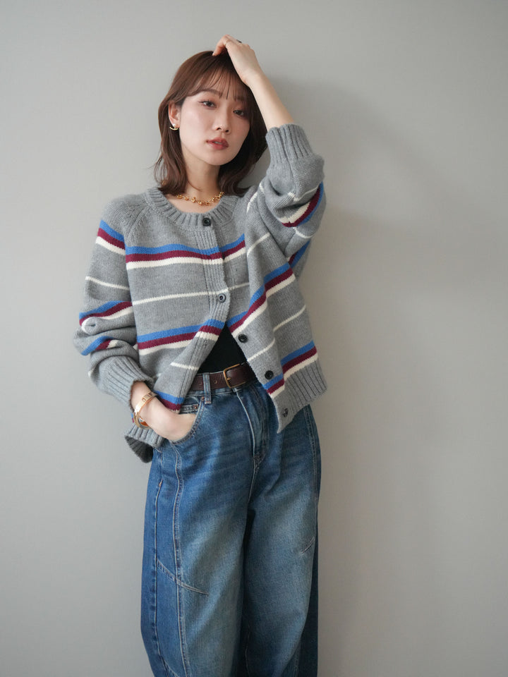 [予約]ランダムボーダーニットカーディガン/gray