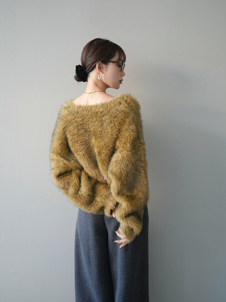 [予約]ミックスシャギーショートニットカーディガン/green