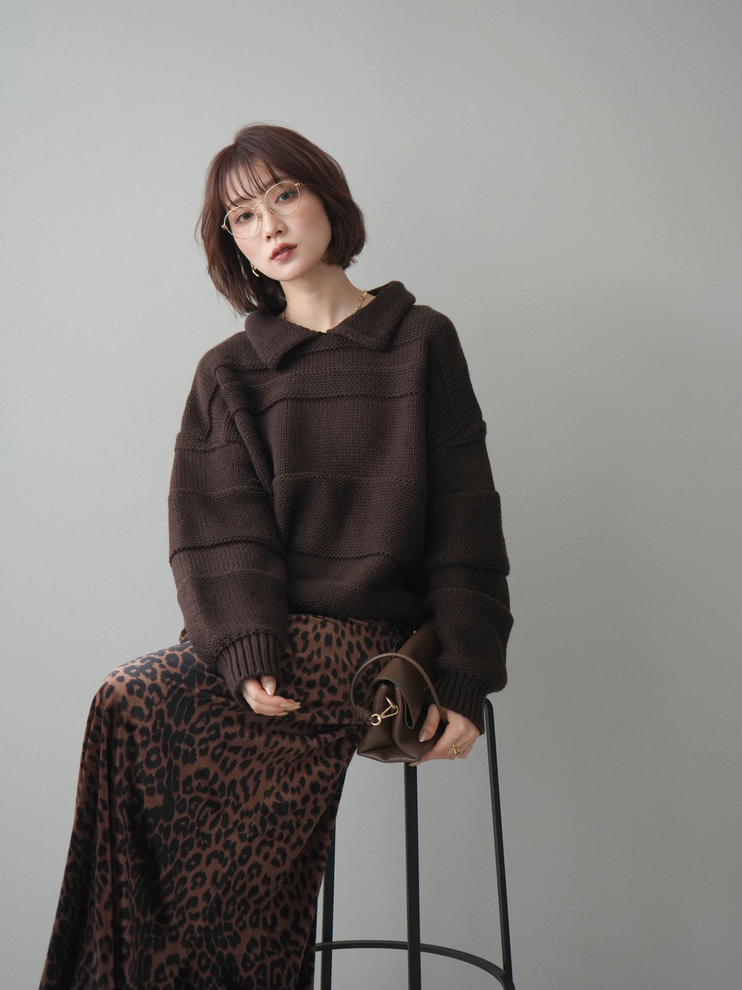 [予約]襟付きボーダー編みニットプルオーバー/brown