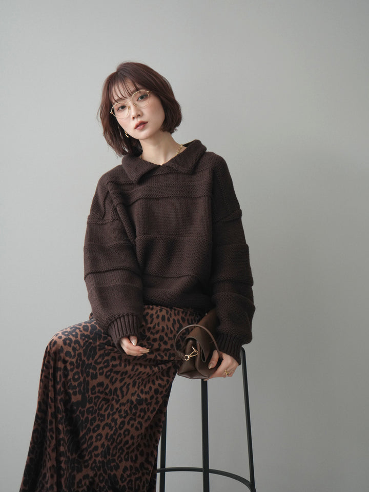 [予約]襟付きボーダー編みニットプルオーバー/brown