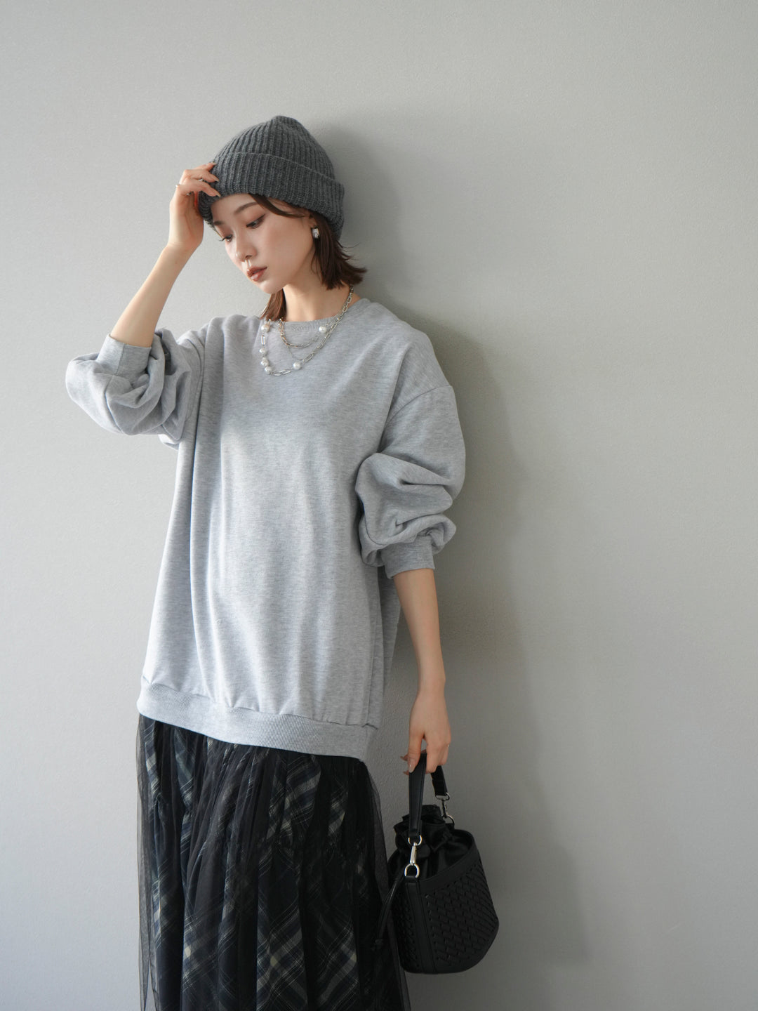 [予約]スウェットドッキングチェック柄レイヤードワンピース/グレー