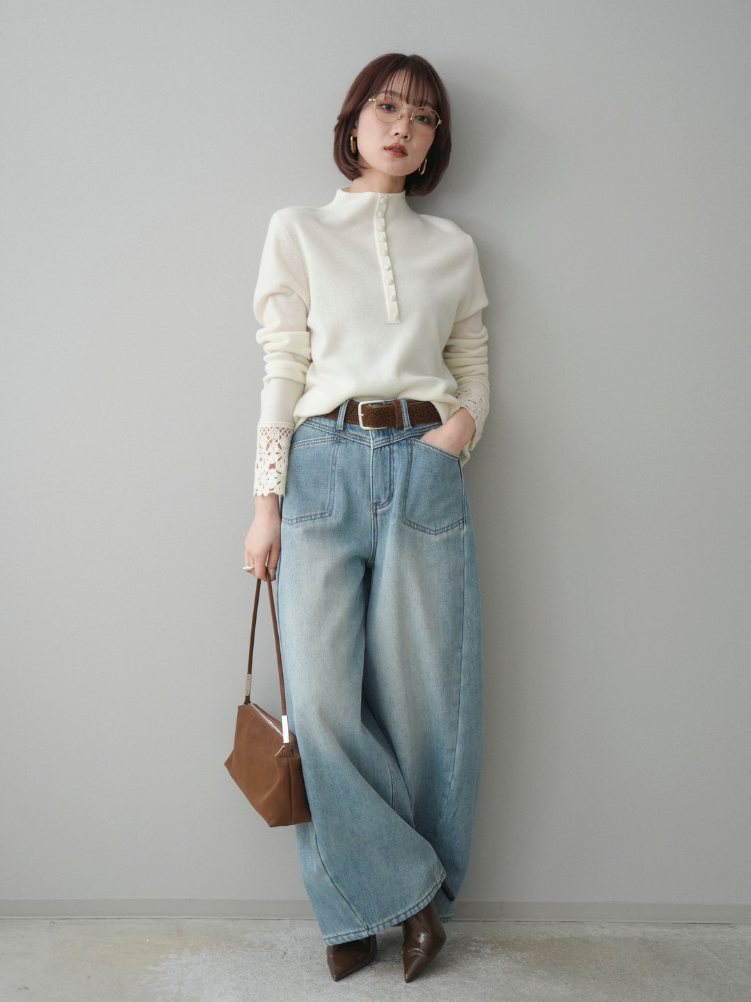 [SET]袖スカラップレースフロントボタンウールニットトップス+ベルト付裏起毛カーブデニムパンツ(2set)