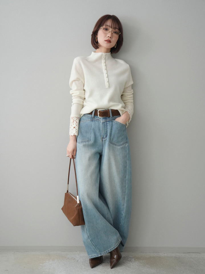 [SET]袖スカラップレースフロントボタンウールニットトップス+ベルト付裏起毛カーブデニムパンツ(2set)