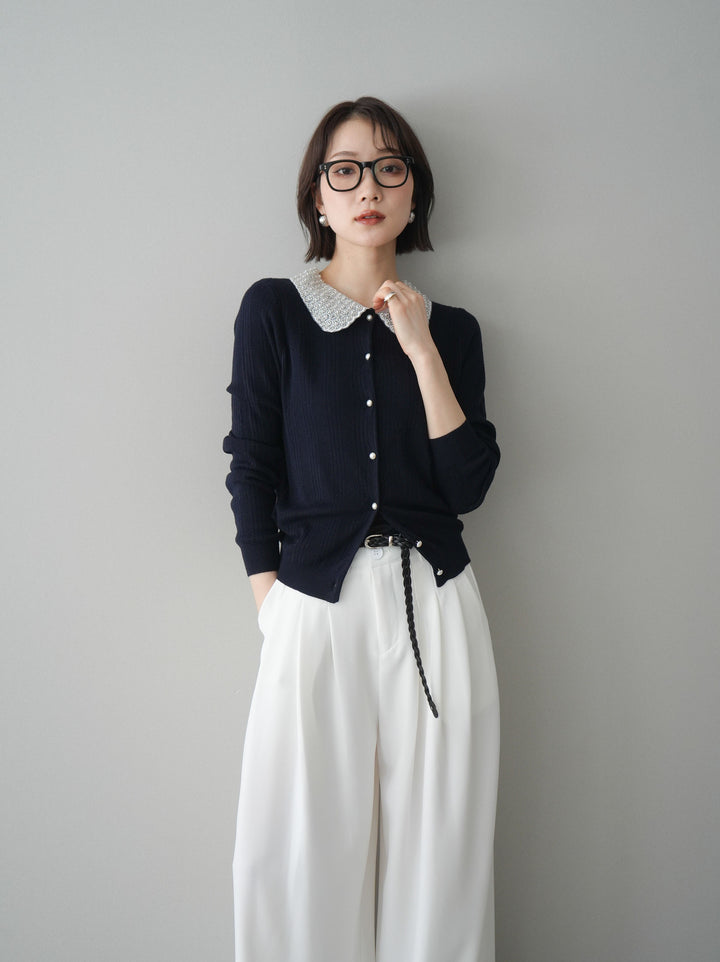 [SET]ビジュー襟パールボタンニットカーディガン+編み込みベルト付タックワイドパンツ(2set)