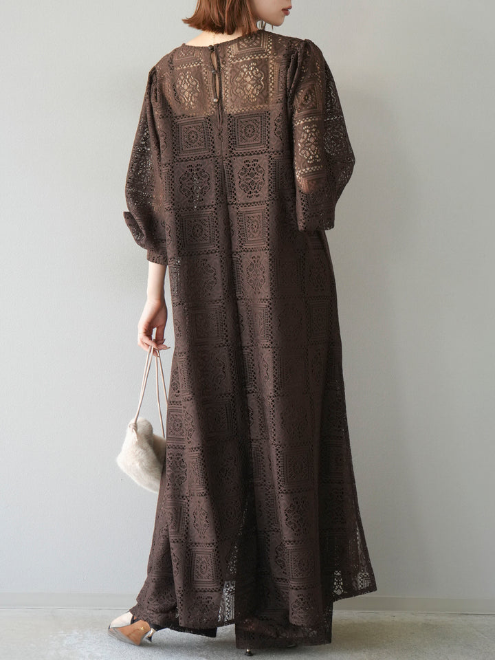 【套裝】塊蕾絲捲袖洋裝+塊蕾絲寬褲（2套）