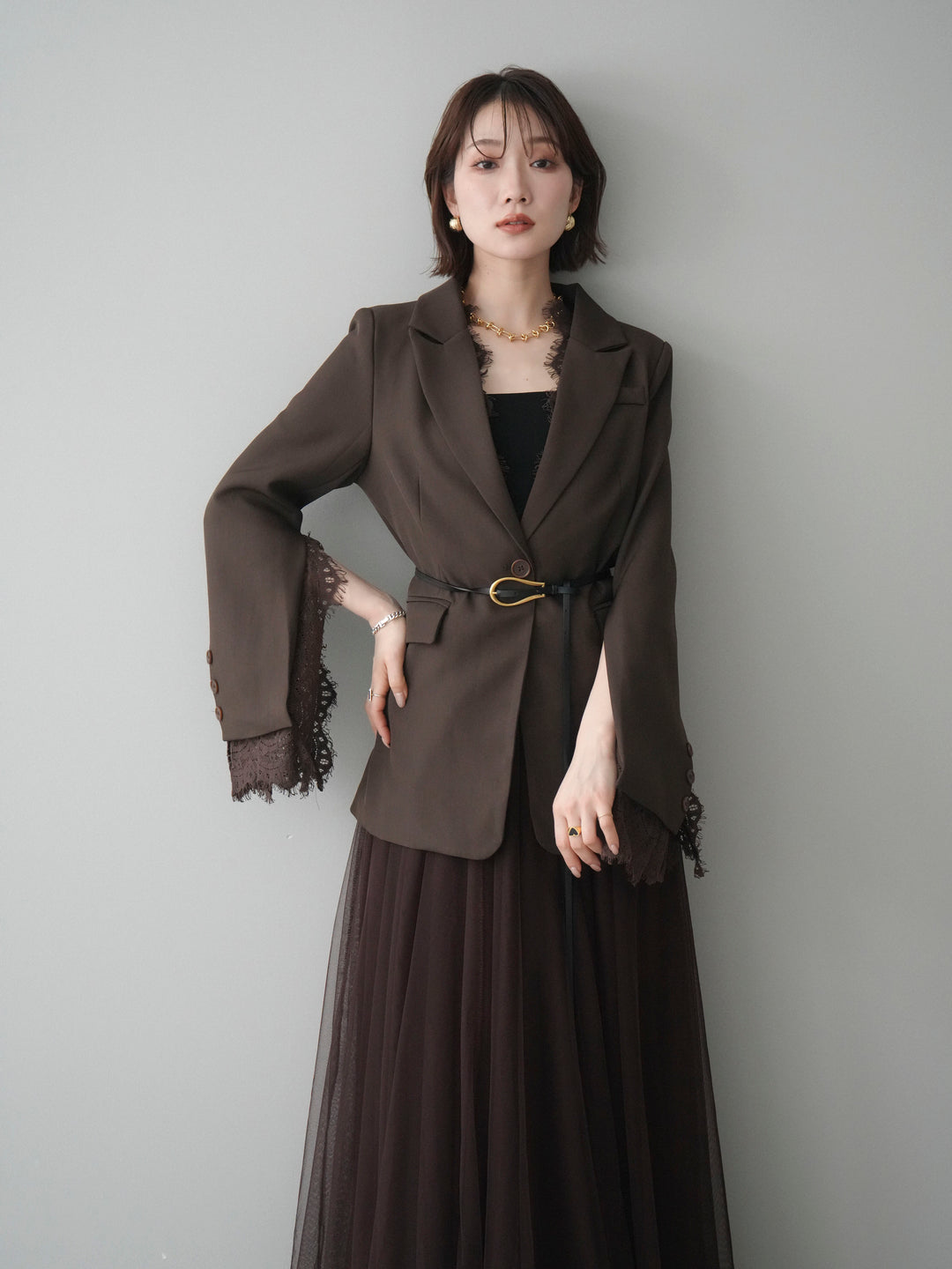 [SET]レースレイヤードスリットジャケット+チュールボリュームスカート(2set)