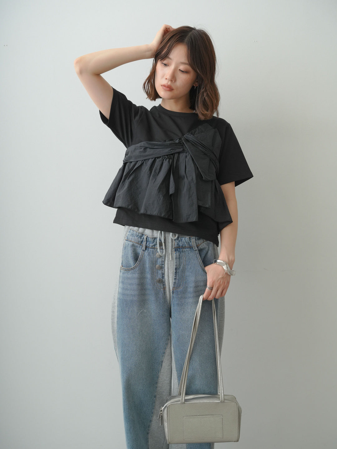 [SET]ナイロンドッキングツイストTEE +デニム切替スウェットパンツ(2set)