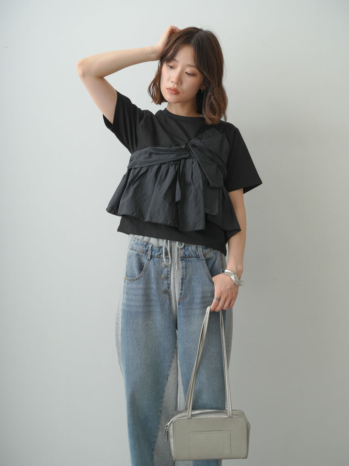 [SET]ナイロンドッキングツイストTEE +デニム切替スウェットパンツ(2set)