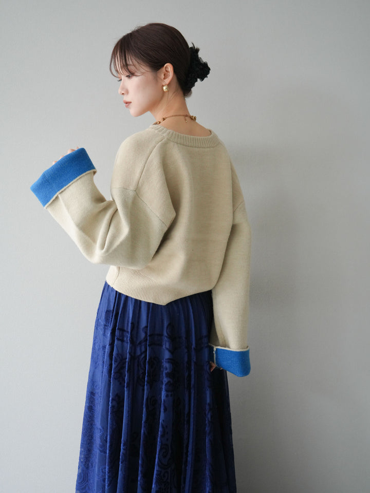 [SET]バイカラーオーバーニットカーディガン+アンティーク柄フロッキーマキシスカート(2set)