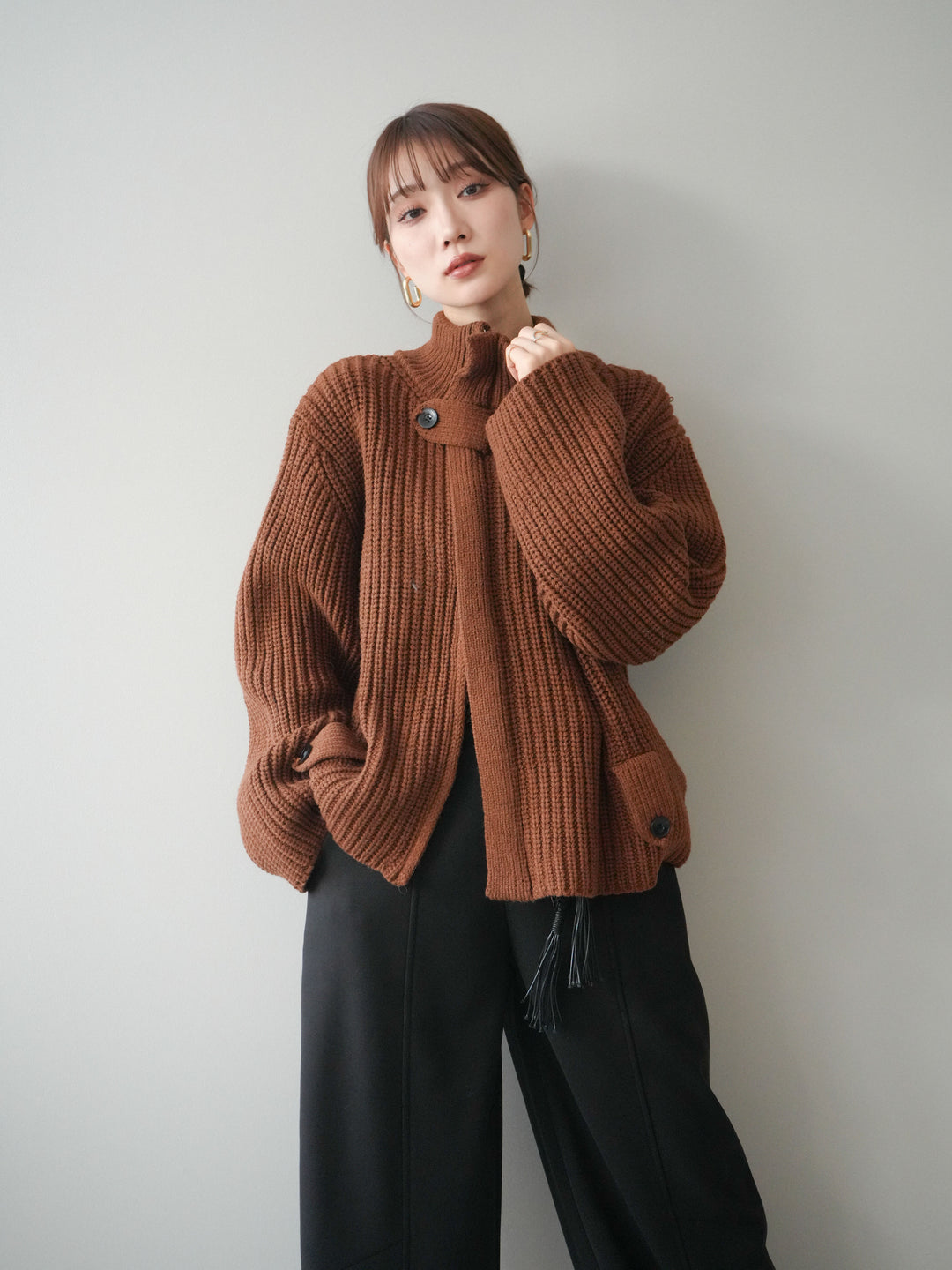 [SET]畦編みボトルネックZIPニットカーディガン+畦編みボトルネックZIPニットカーディガン(2set)