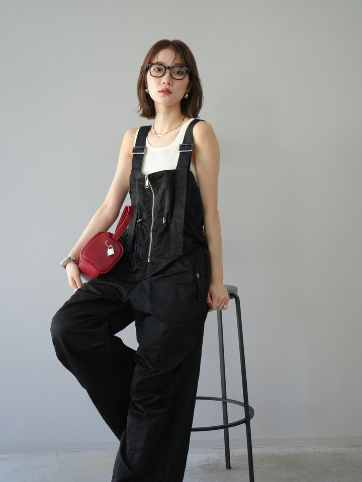 [予約]ナイロンタックデザインサロペット/ブラック