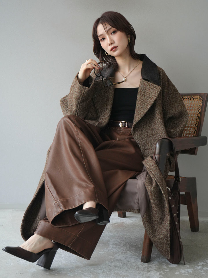 [予約]ネップヘリンボーンレザー襟チェスターコート/brown