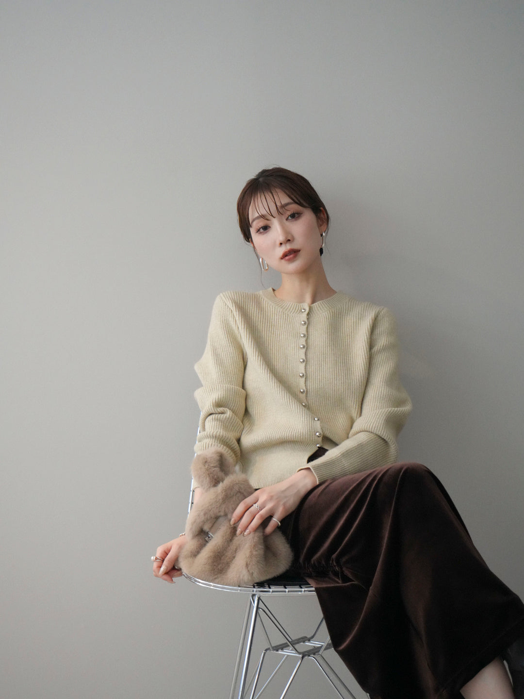 [予約]シルバーボタン畦編みニットカーディガン/ivory