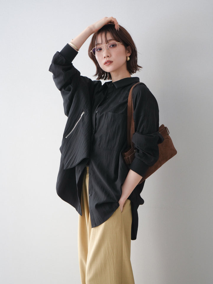 [予約]リブカフスアシンメトリーZIPデザインオーバーシャツ/black