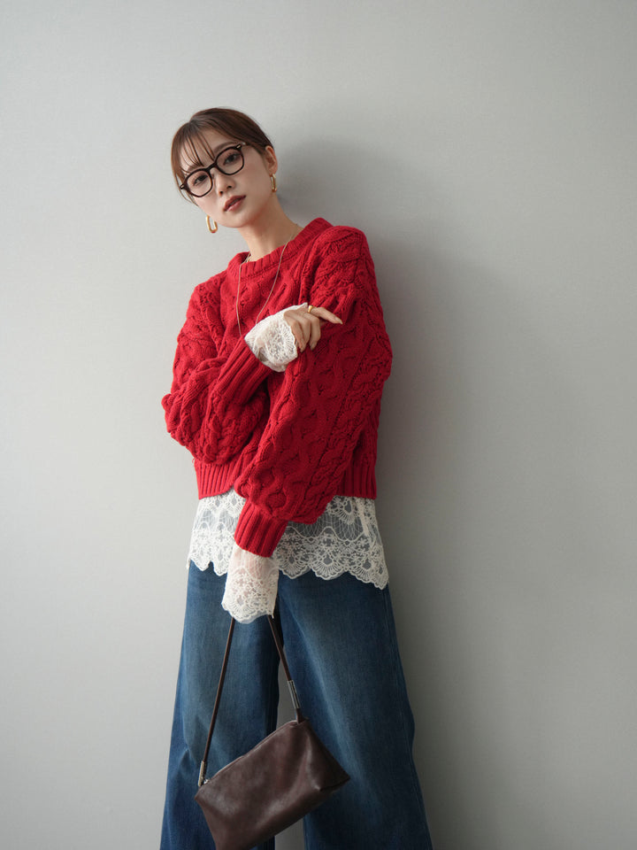 【着回しセット】[SET]バルキーケーブルクロップドニットプルオーバー+アンゴラタッチクルーネックニットプルオーバー+チュールレーストップス(3set)