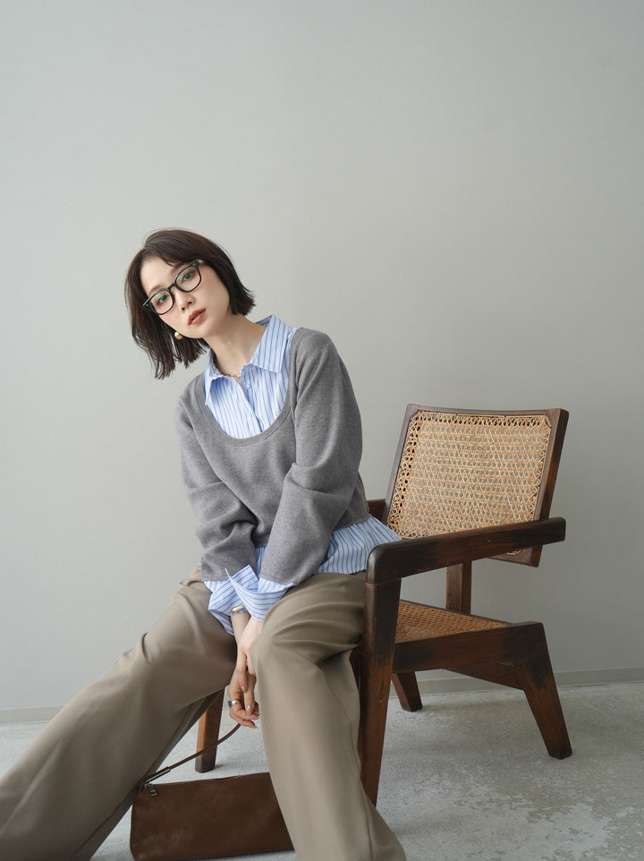 [予約]ストライプシャツUネックドッキングニットプルオーバー/graybluestripeA