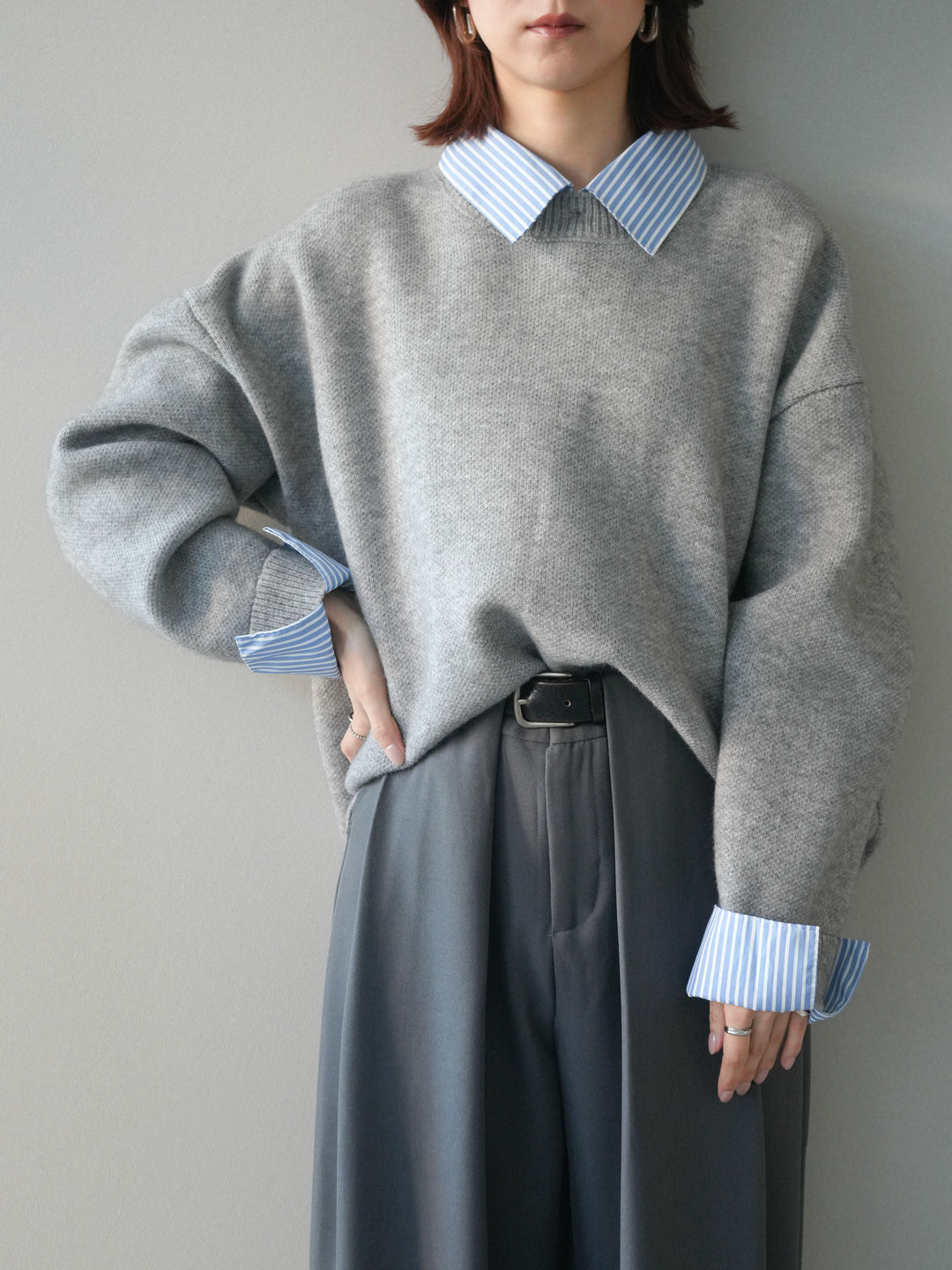 [SET]2WAYストライプ襟ニットプルオーバー+ベルトループデザインワイドパンツ(2set)