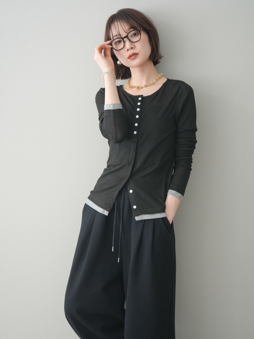 [予約]シアーリブバイカラーカーディガン/black