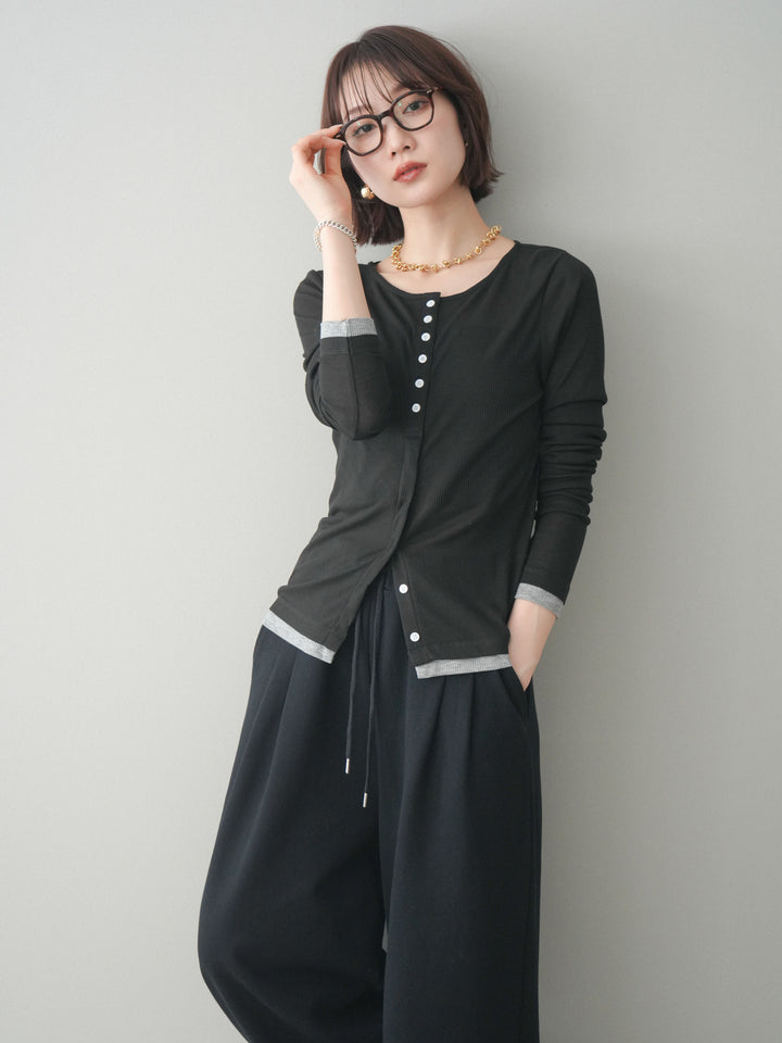 [予約]シアーリブバイカラーカーディガン/black