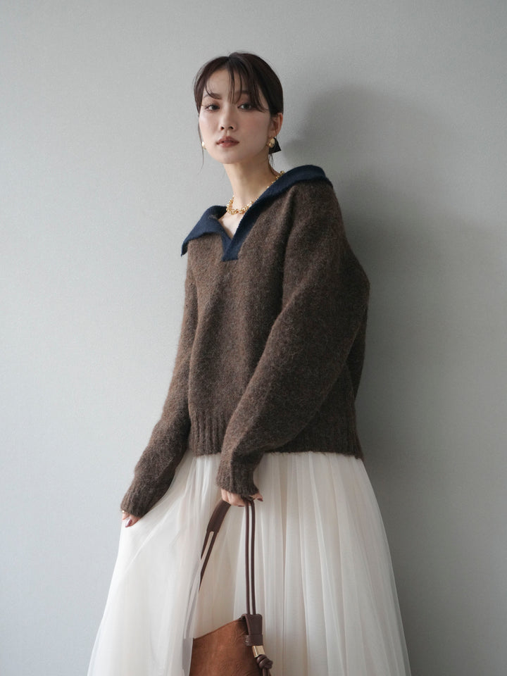 [予約]バイカラー襟付きニットプルオーバー/brown