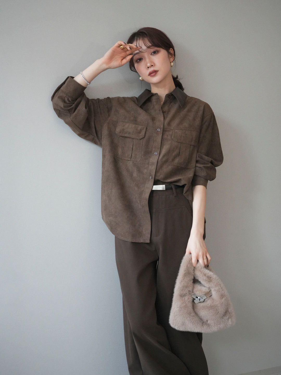 [予約]レザー襟スエードシャツ/khaki