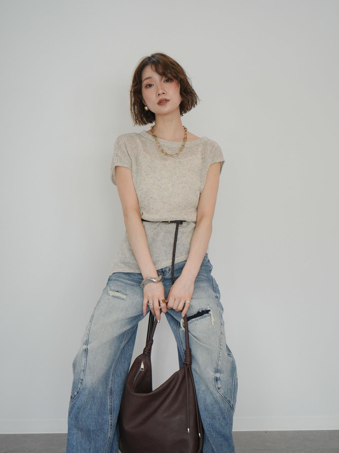 [予約]ベルト付アシメシアーニットトップス/beige