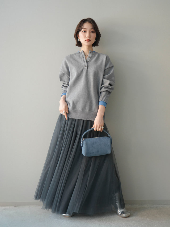[予約]2WAYネック配色レイヤードニットプルオーバー/gray