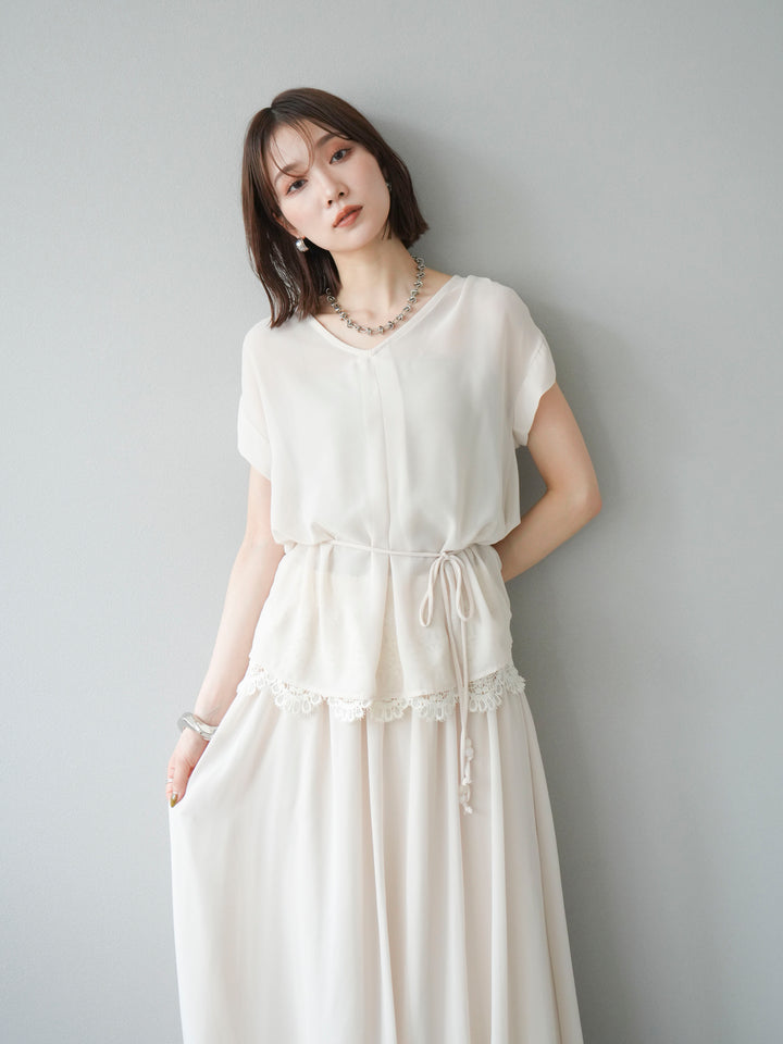 [SET]シフォンブラウス＆レースデザインフレアスカートSET UP(2set)