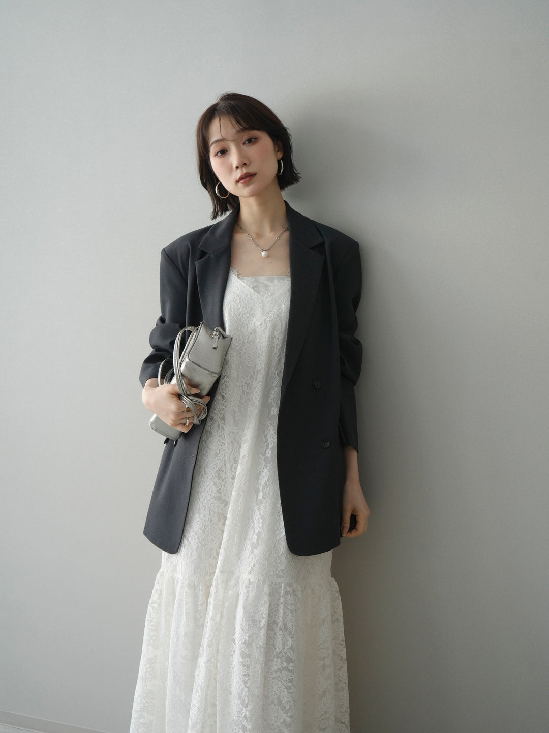 [SET]ギャザー切替レースキャミワンピース+ダブルブレストオーバージャケット(2set)