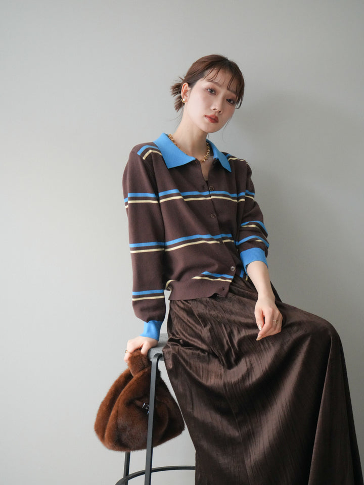[予約]配色マルチボーダーポロニットカーディガン/brown