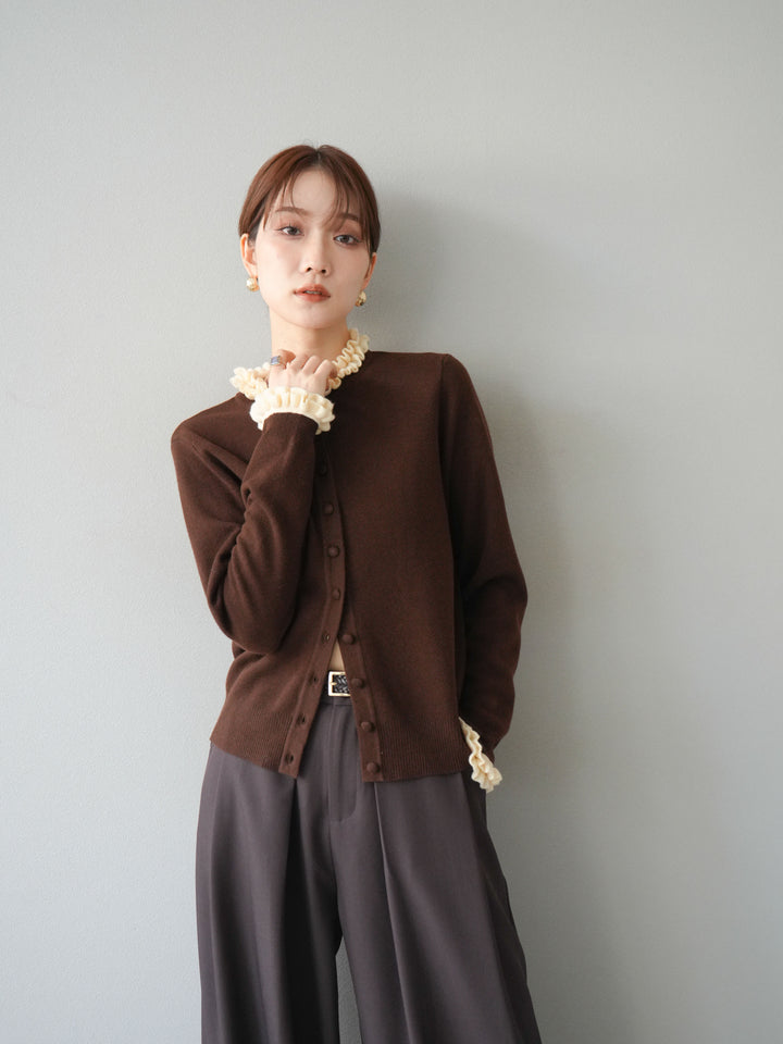 [予約]フリルデザインコンパクトニットカーディガン/ブラウン