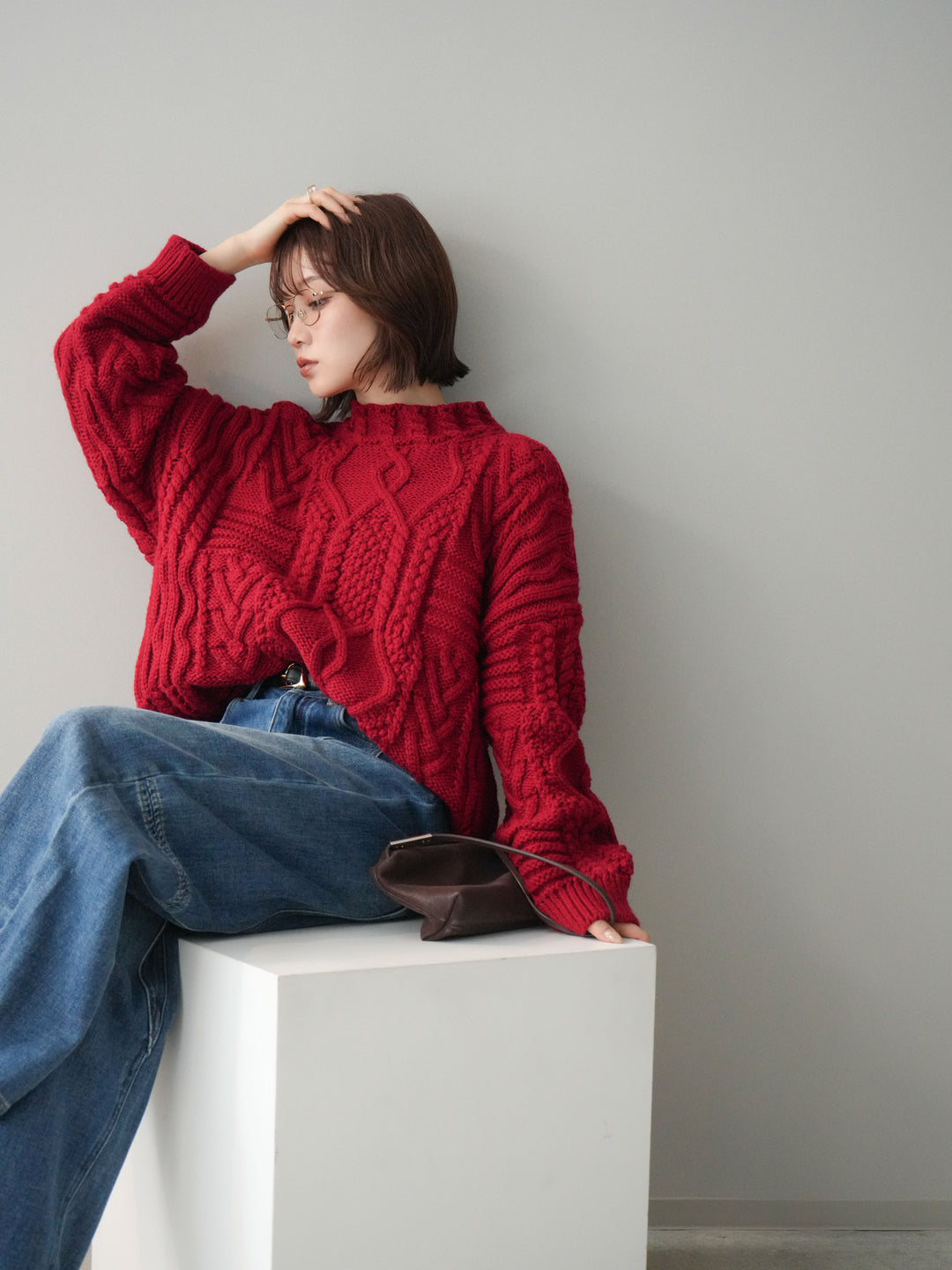 [SET]ケーブル編みモックネックニットプルオーバー+選べるアクセセット(2set)