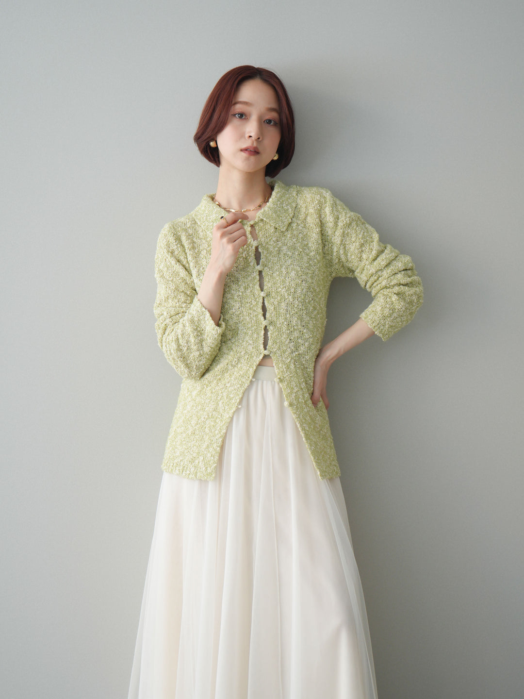 [SET]透かし編みブークレポロニットトップス+透かし編みブークレポロニットトップス(2set)