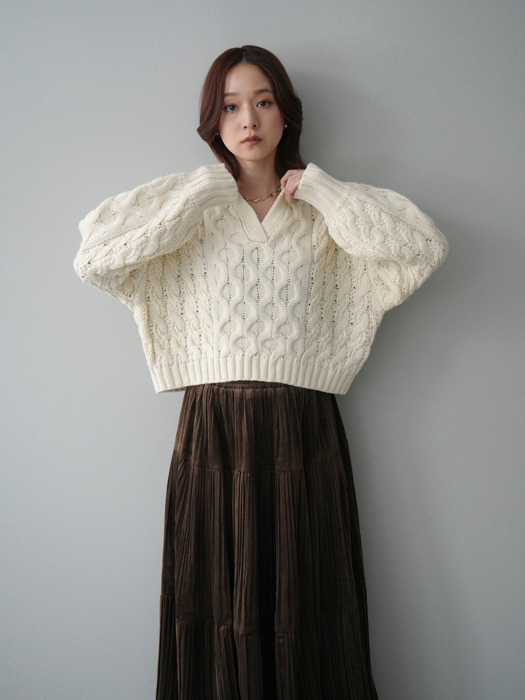 [SET]バルキーケーブルクロップド開襟プルオーバー+ベロアティアードワッシャースカート(2set)