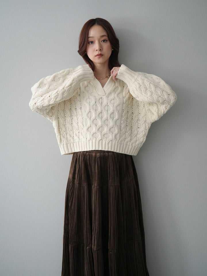 [SET]バルキーケーブルクロップド開襟プルオーバー+ベロアティアードワッシャースカート(2set)