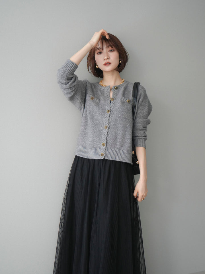 [SET]編みこみアンティークボタンニットカーディガン+チュールストライプボリュームスカート(2set)