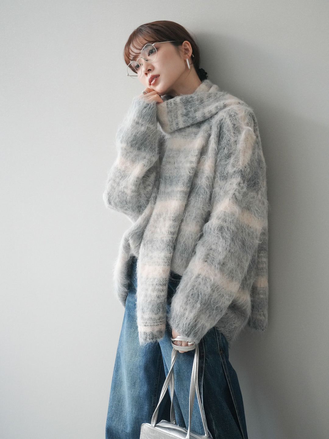 [予約]ストール付シャギーマルチボーダーニットプルオーバー/gray