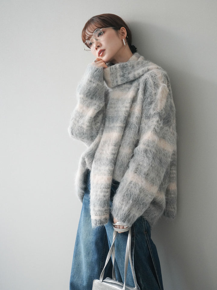 [予約]ストール付シャギーマルチボーダーニットプルオーバー/gray