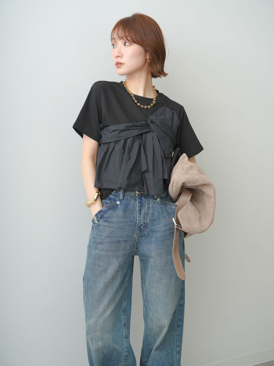 [SET]ナイロンドッキングツイストTEE +ストーンウォッシュルーズフィットデニム(2set)