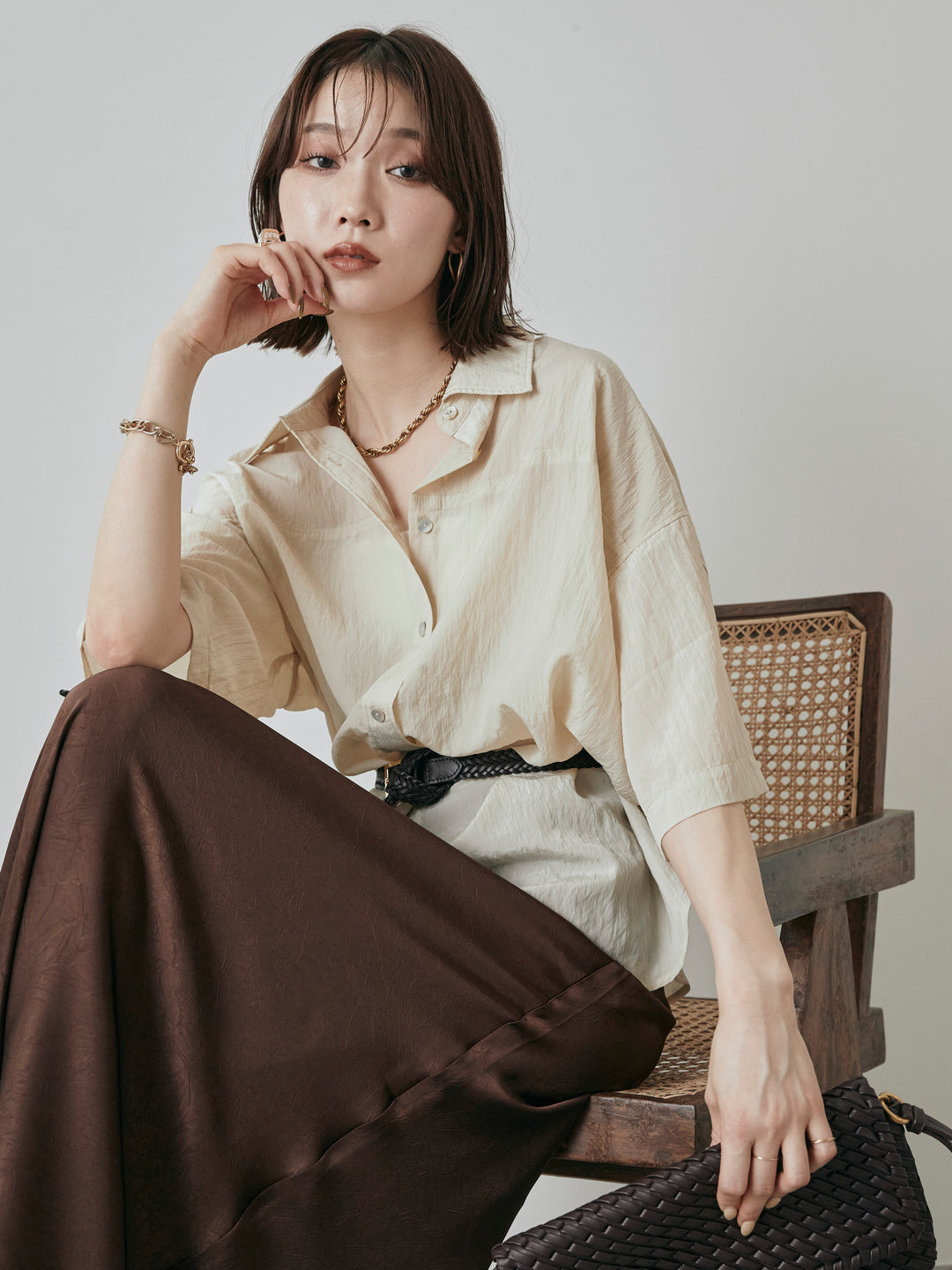 [予約]サテンワッシャーナロースカート/ブラウン