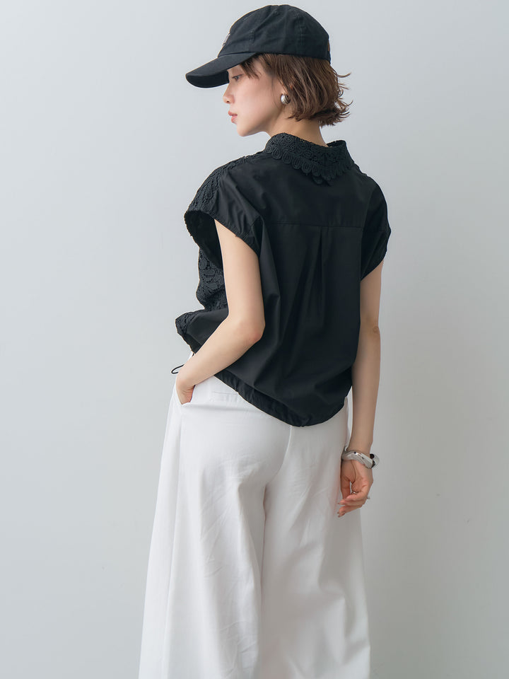 [予約]ドロストレーススリーブレスシャツブラウス/black