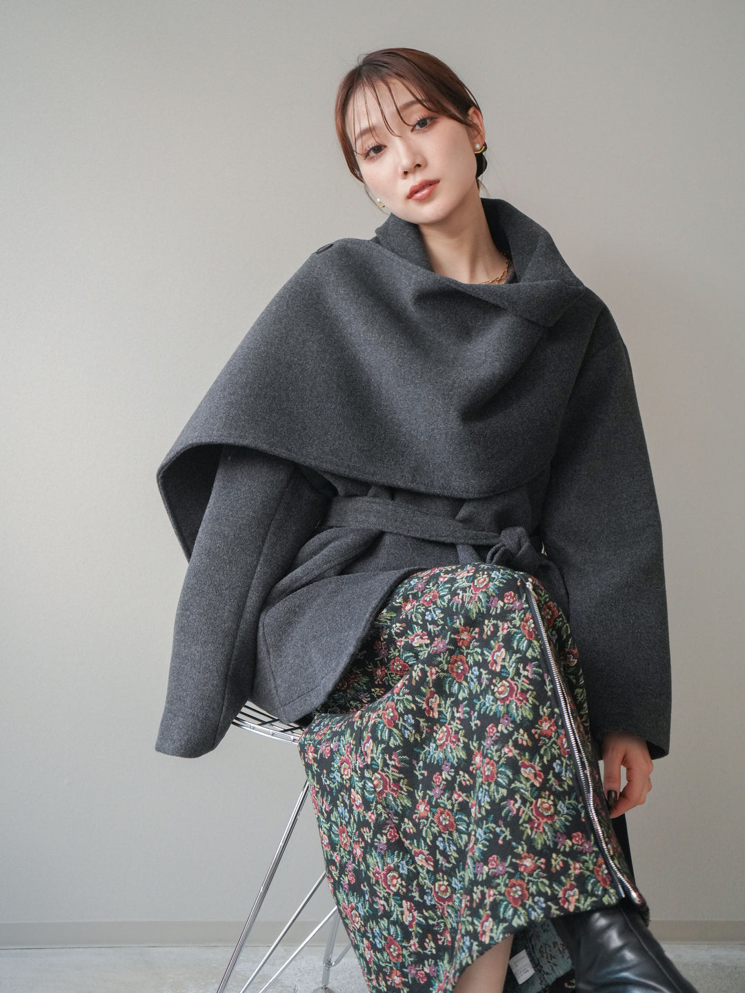 [予約]ストールデザインショートコート/charcoal