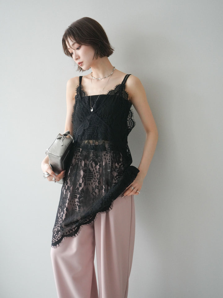 [SET]総レースチュニックキャミソール+ベルト付キーホルダーモチーフワイドパンツ(2set)