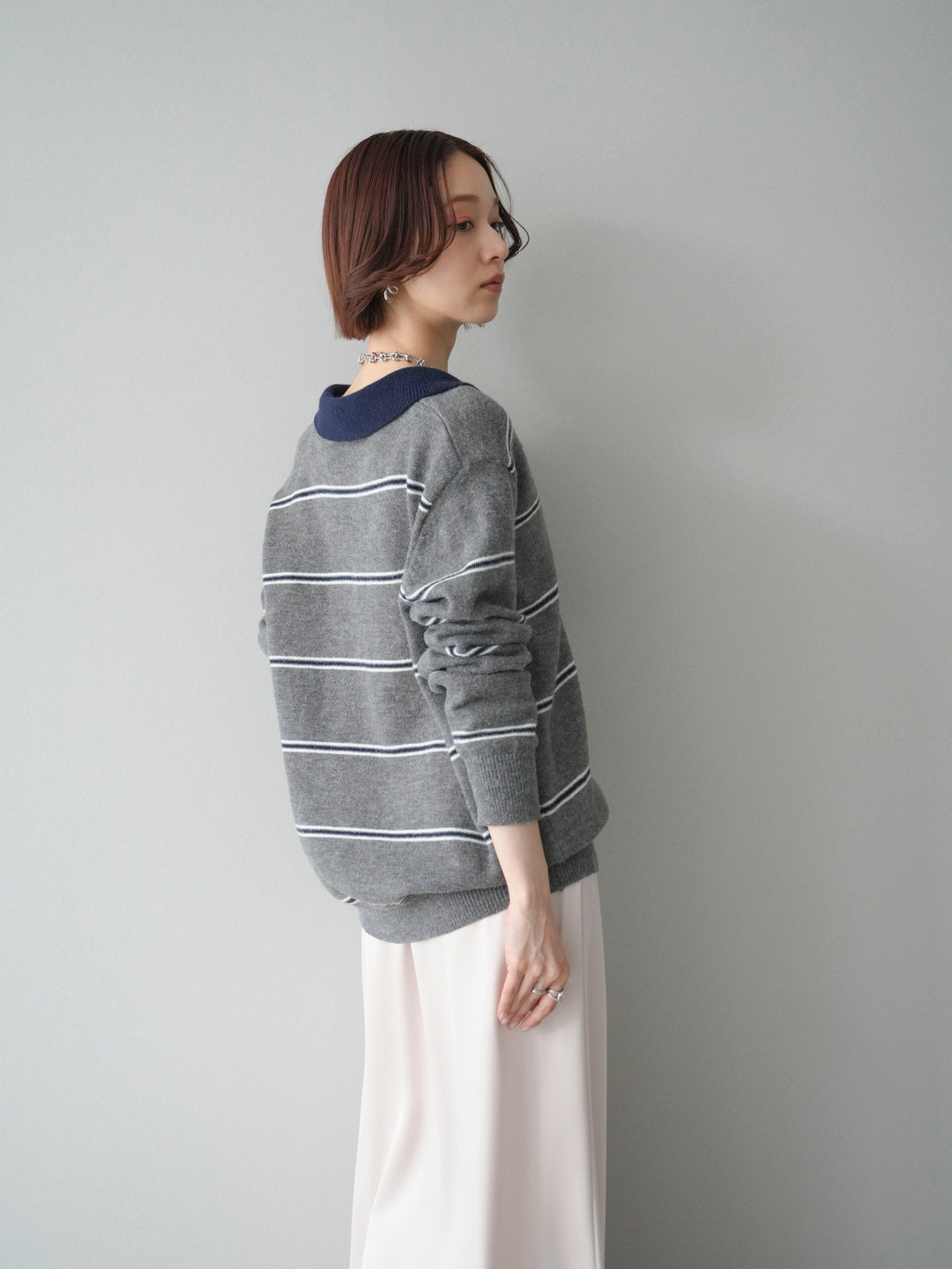 [予約]バイカラーボーダーポロニットプルオーバー/gray