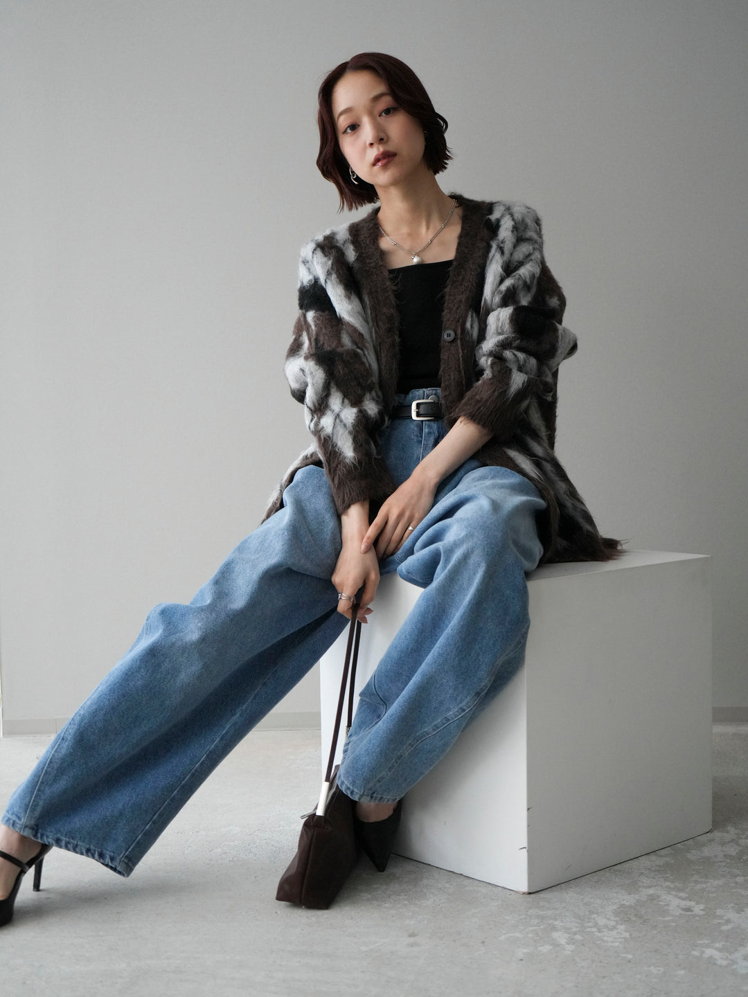 [予約]アーガイル柄シャギーニットカーディガン/brown