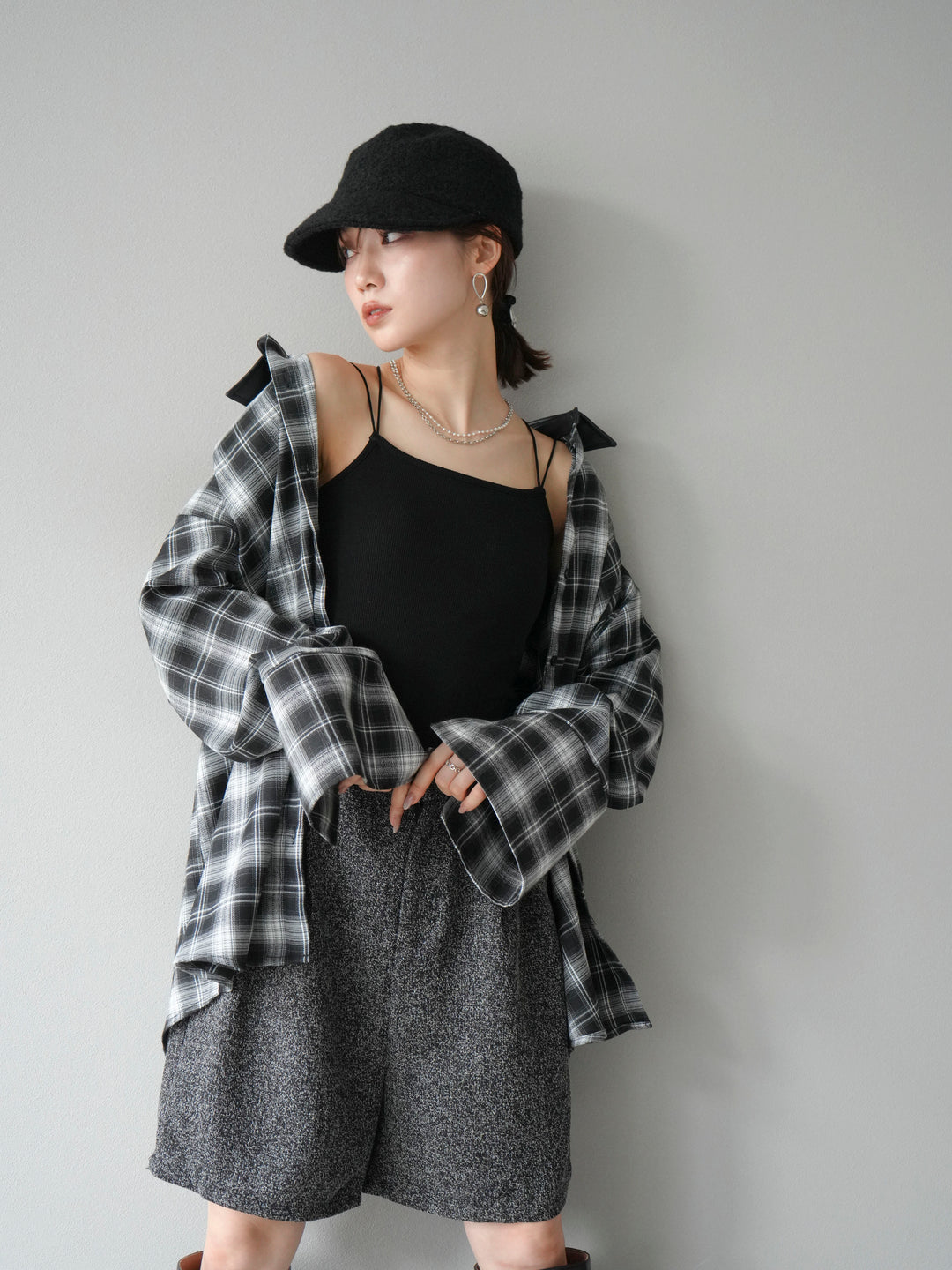 [SET]レザー襟オンブレチェックオーバーシャツ +ツイードハーフパンツ(2set)