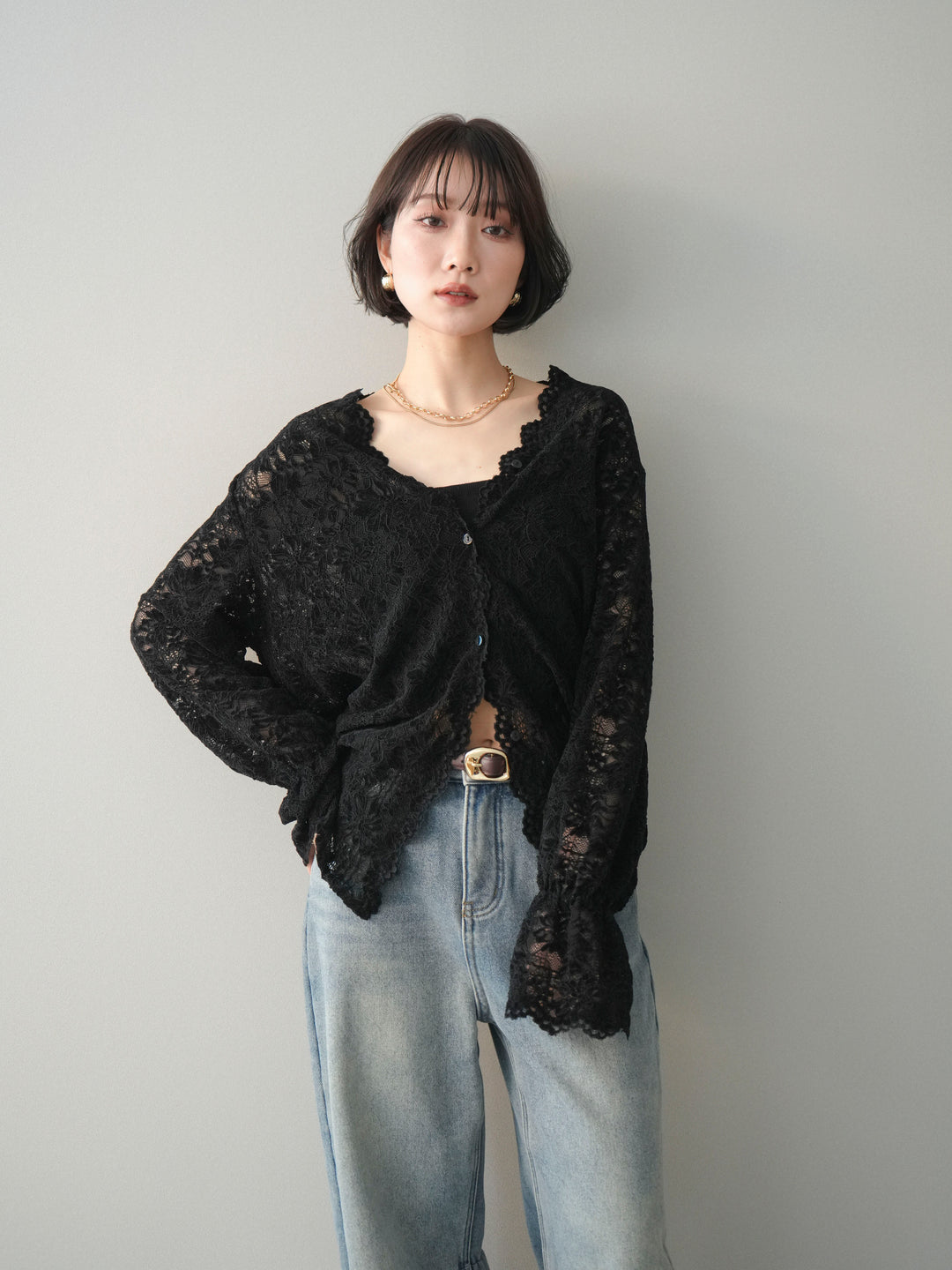 [SET]Vネックレースブラウス+裏起毛カットオフカーブデニムパンツ(2set)