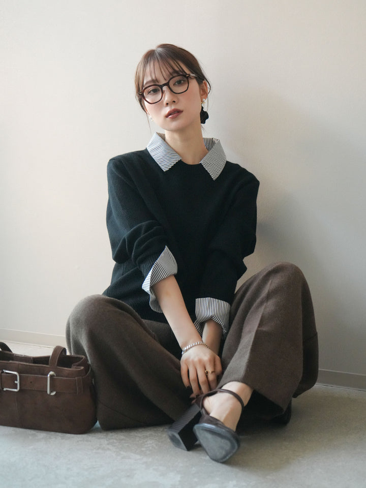 [予約]シャツドッキングデザイン裾ボタンニットプルオーバー/black